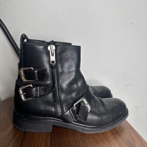 Billi Bi Copenhagen‎ Black Leather Buckle Biker Ankle Boots Womens 41 Moto Zip